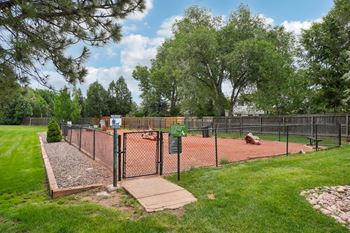 A tennis court surrounded by a fence and trees.